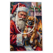 Santa Claus Holding Japanese Chin Christmas Art ミディアムペーパーバッグ (正面)