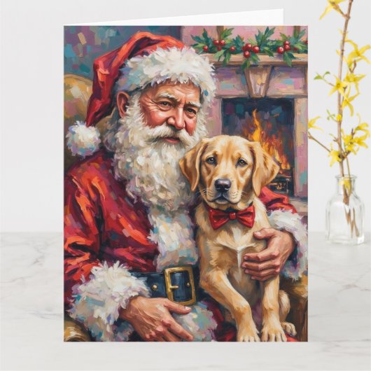 Santa Claus Holding Labrador Christmas Art カード (黄色い花)