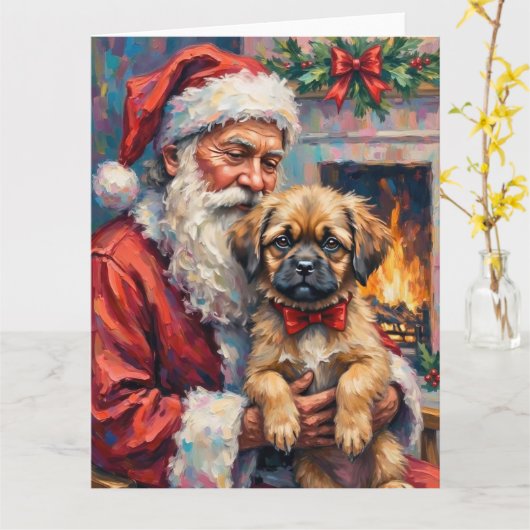 Santa Claus Holding Lhasa Apso Christmas Art カード (黄色い花)