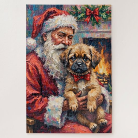 Santa Claus Holding Lhasa Apso Christmas Art ジグソーパズル (縦)