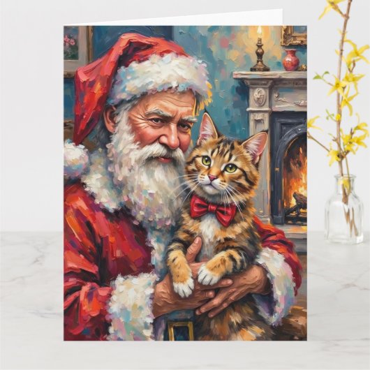 Santa Claus Holding Maine Coon Cat Christmas Art カード (黄色い花)