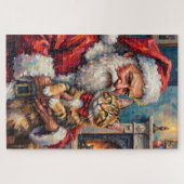 Santa Claus Holding Maine Coon Cat Christmas Art ジグソーパズル (横)