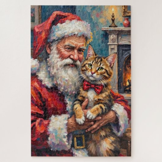 Santa Claus Holding Maine Coon Cat Christmas Art ジグソーパズル (縦)