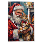 Santa Claus Holding Maine Coon Cat Christmas Art ミディアムペーパーバッグ (正面)