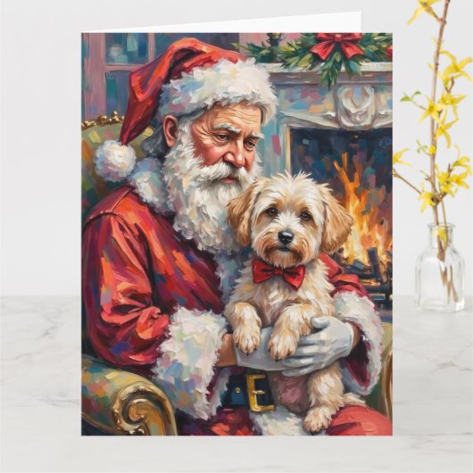 Santa Claus Holding Maltese Christmas Art カード (黄色い花)