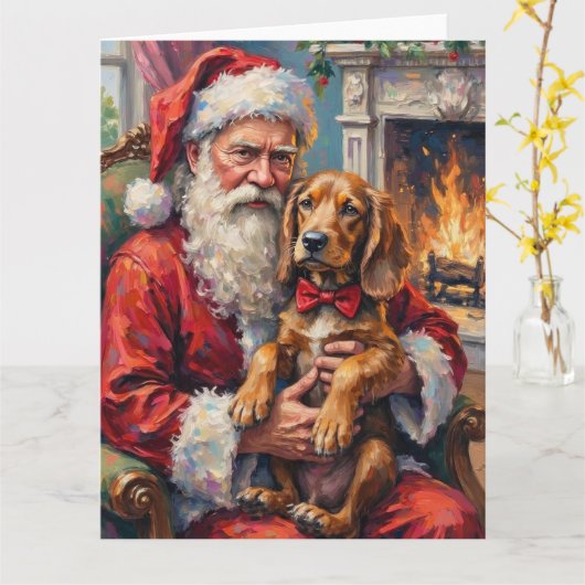 Santa Claus Holding Otterhound Christmas Art カード (黄色い花)