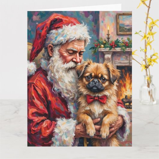 Santa Claus Holding Pekingese Christmas Art カード (黄色い花)