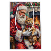 Santa Claus Holding Persian Cat Christmas Art ミディアムペーパーバッグ (正面)