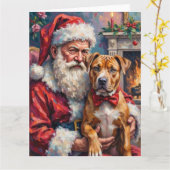 Santa Claus Holding Pitbull Christmas Art カード (黄色い花)