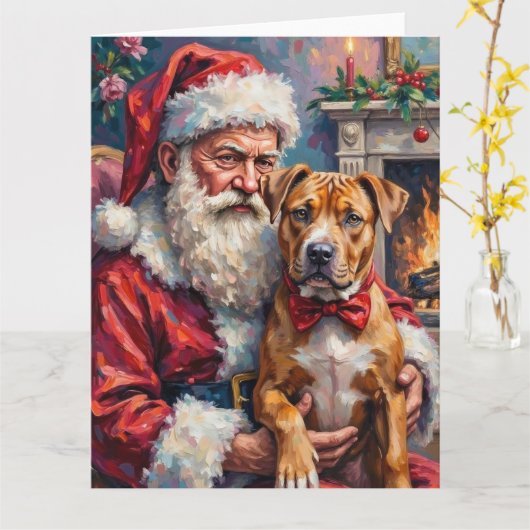 Santa Claus Holding Pitbull Christmas Art カード (黄色い花)