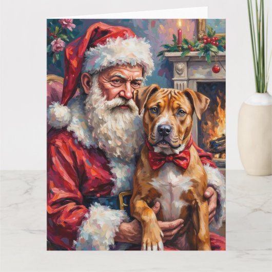 Santa Claus Holding Pitbull Christmas Art カード (正面)