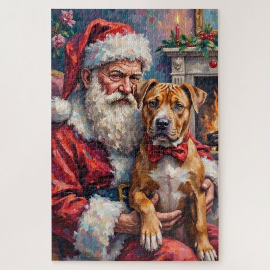 Santa Claus Holding Pitbull Christmas Art ジグソーパズル (縦)