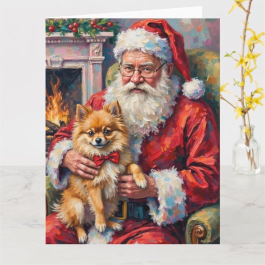 Santa Claus Holding Pomeranian Christmas Art カード (黄色い花)