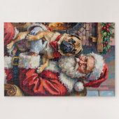 Santa Claus Holding Pug Christmas Art ジグソーパズル (横)