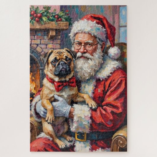 Santa Claus Holding Pug Christmas Art ジグソーパズル (縦)