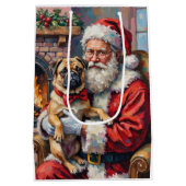 Santa Claus Holding Pug Christmas Art ミディアムペーパーバッグ (裏面)