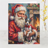Santa Claus Holding Rat Terrier Christmas Art カード (黄色い花)