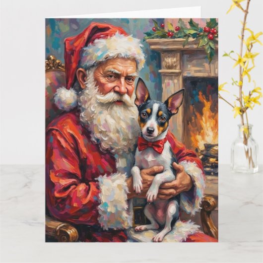 Santa Claus Holding Rat Terrier Christmas Art カード (黄色い花)