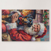 Santa Claus Holding Rottweiler Christmas Art ジグソーパズル (横)