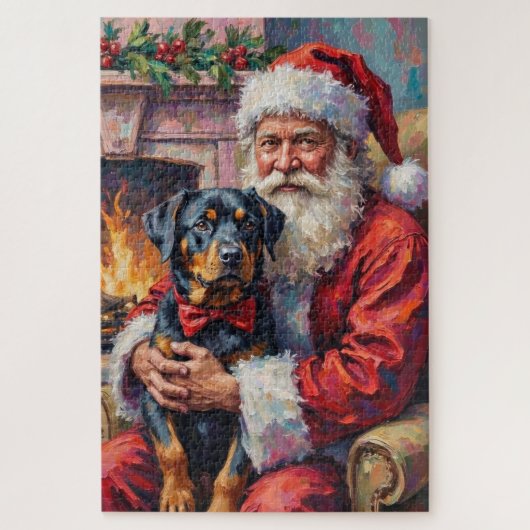 Santa Claus Holding Rottweiler Christmas Art ジグソーパズル (縦)