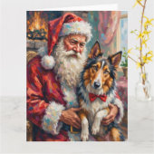 Santa Claus Holding Rough Collie Christmas Art カード (黄色い花)