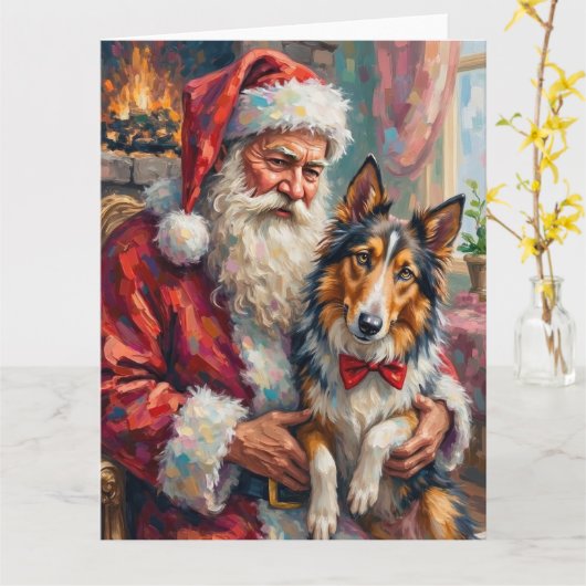 Santa Claus Holding Rough Collie Christmas Art カード (黄色い花)