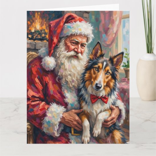 Santa Claus Holding Rough Collie Christmas Art カード (正面)