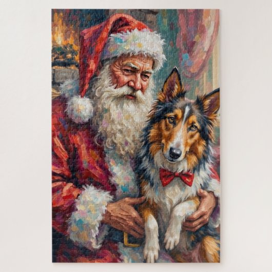 Santa Claus Holding Rough Collie Christmas Art ジグソーパズル (縦)
