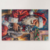 Santa Claus Holding Russian Blue Cat Christmas Art ジグソーパズル (横)