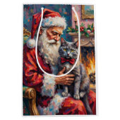 Santa Claus Holding Russian Blue Cat Christmas Art ミディアムペーパーバッグ (正面)