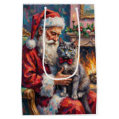 Santa Claus Holding Russian Blue Cat Christmas Art ミディアムペーパーバッグ (裏面)