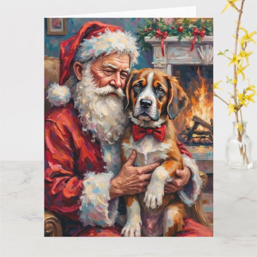 Santa Claus Holding Saint Bernard Christmas Art カード (黄色い花)