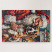 Santa Claus Holding Saint Bernard Christmas Art ジグソーパズル (横)
