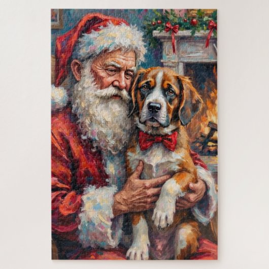 Santa Claus Holding Saint Bernard Christmas Art ジグソーパズル (縦)