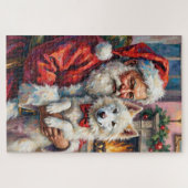 Santa Claus Holding Samoyed Christmas Art ジグソーパズル (横)
