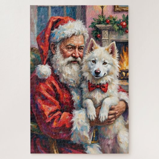 Santa Claus Holding Samoyed Christmas Art ジグソーパズル (縦)