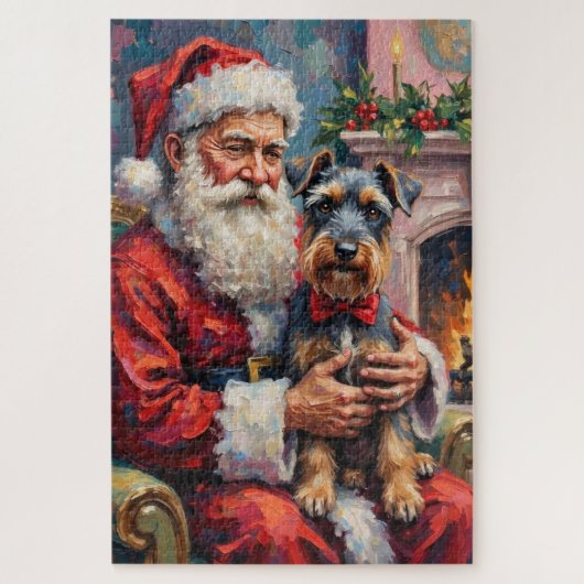Santa Claus Holding Schnauzer Christmas Art ジグソーパズル (縦)
