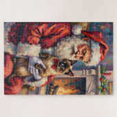 Santa Claus Holding Siamese Cat Christmas Art ジグソーパズル (横)