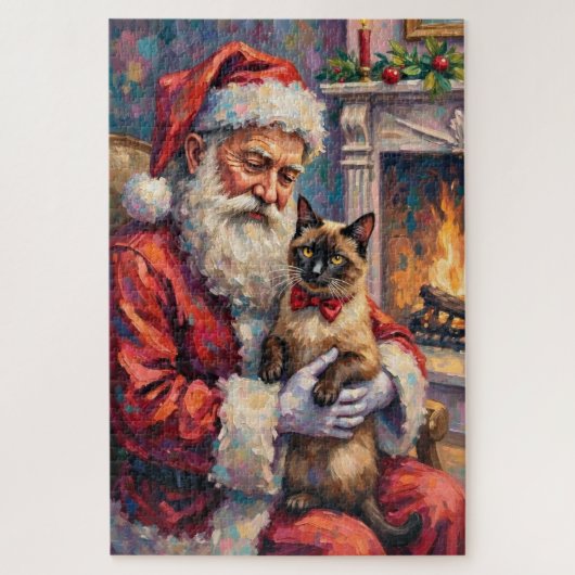 Santa Claus Holding Siamese Cat Christmas Art ジグソーパズル (縦)