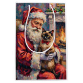 Santa Claus Holding Siamese Cat Christmas Art ミディアムペーパーバッグ (正面)