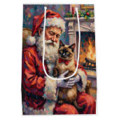 Santa Claus Holding Siamese Cat Christmas Art ミディアムペーパーバッグ (裏面)