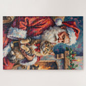 Santa Claus Holding Siberian Cat Christmas Art ジグソーパズル (横)
