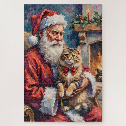 Santa Claus Holding Siberian Cat Christmas Art ジグソーパズル (縦)