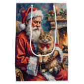 Santa Claus Holding Siberian Cat Christmas Art ミディアムペーパーバッグ (裏面)