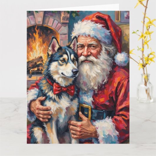 Santa Claus Holding Siberian Husky Christmas Art カード (黄色い花)