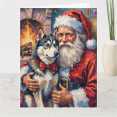 Santa Claus Holding Siberian Husky Christmas Art カード (正面)