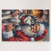 Santa Claus Holding Siberian Husky Christmas Art ジグソーパズル (横)