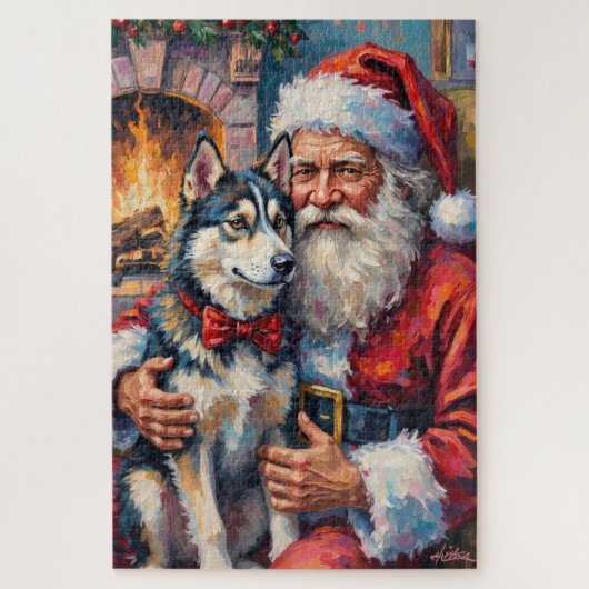 Santa Claus Holding Siberian Husky Christmas Art ジグソーパズル (縦)