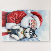 Santa Claus Holding Siberian Husky Christmas Art ジグソーパズル (横)