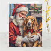 Santa Claus Holding Silken Windhound Christmas Art カード (黄色い花)